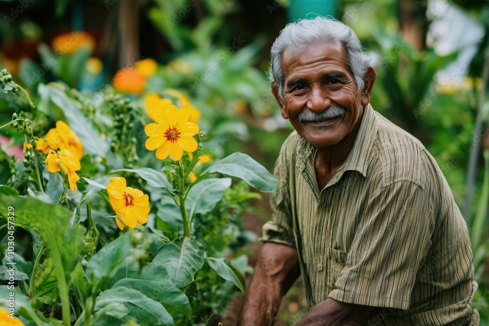 Fototapeta premium An elderly man smiling while tending to vibrant yellow flowers in his garden.