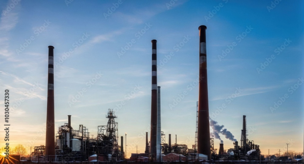 Bright sky highlighting smokestacks, creating a stark industrial scene. Bright sky highlighting smokestacks, creating a stark industrial scene.