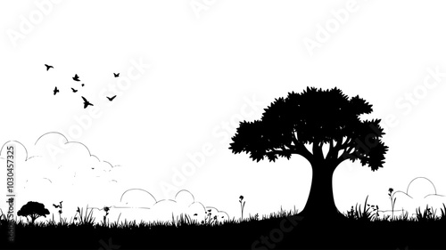 Baobab tree with a swollen trunk in the African savanna, vector illustration art