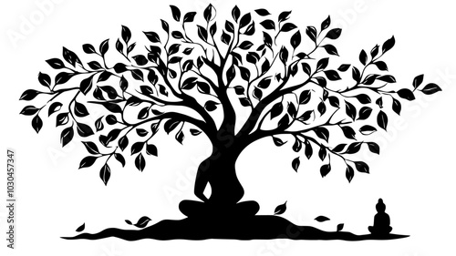 Banyan tree of Buddha with leaves inscribed with teachings, vector illustration art