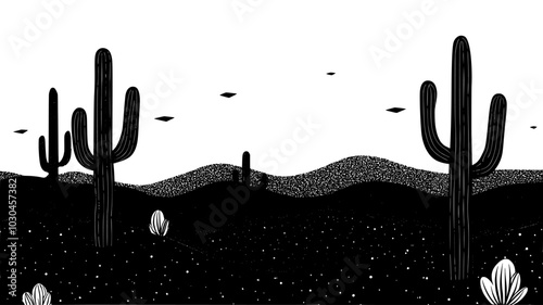 Barrel cacti growing in sandy soil with mountains in the background, vector illustration art
