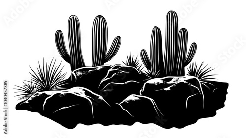 Barrel cactus growing on a rocky outcrop in a canyon, vector illustration art