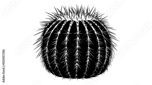 Barrel cactus with a rounded shape and prominent spines in the desert, vector illustration art