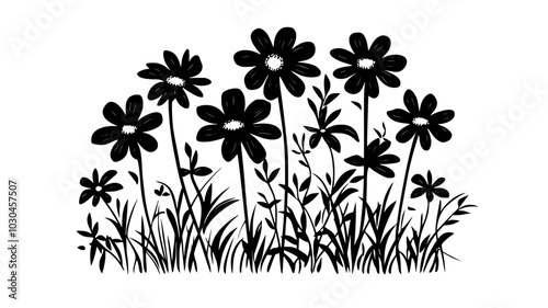 Black-eyed Susan clump in a prairie garden, bright yellow flowers with dark centers, vector illustration art