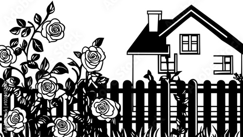 A blooming rose bush in a residential garden, surrounded by green foliage, vector illustration art