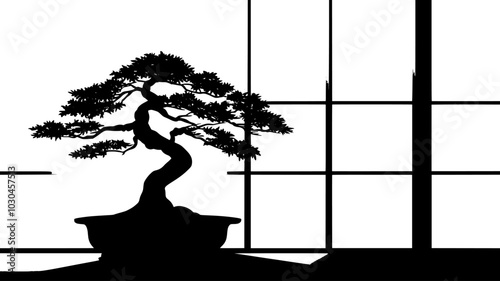 Bonsai tree on stand in traditional Japanese-style room, vector illustration art