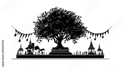 Bodhi tree draped with prayer flags in a temple courtyard, vector illustration art