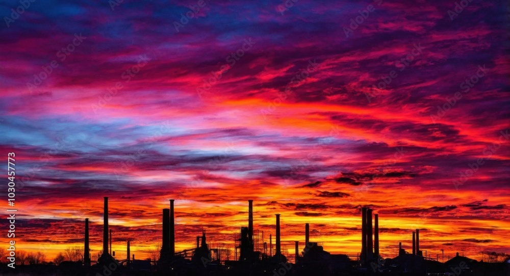 Bright sky highlighting smokestacks, creating a stark industrial scene. Bright sky highlighting smokestacks, creating a stark industrial scene.