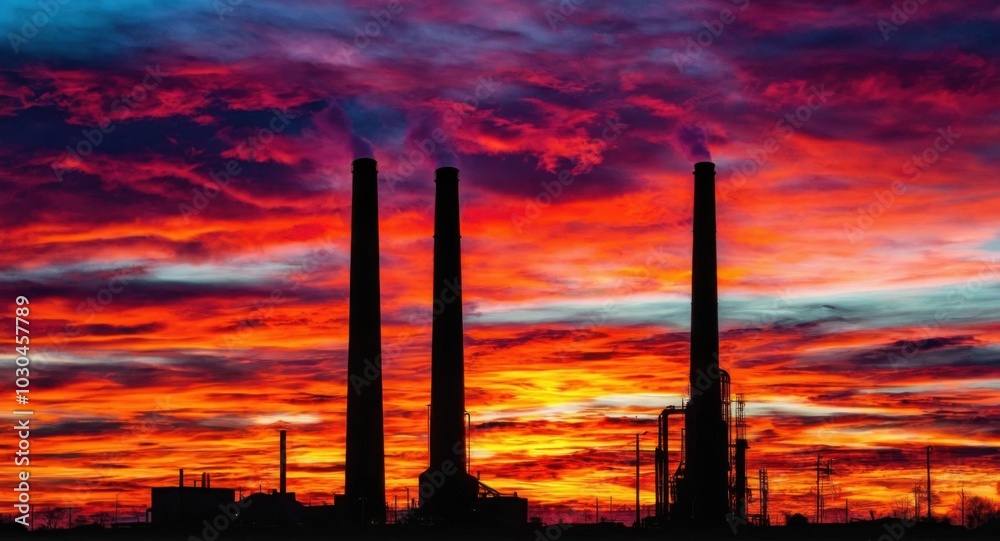 Bright sky highlighting smokestacks, creating a stark industrial scene. Bright sky highlighting smokestacks, creating a stark industrial scene.