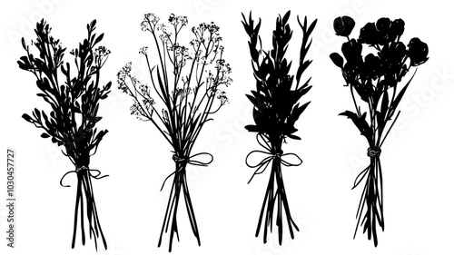 Bundles of dried flowers tied with twine on a rustic table, vector illustration art