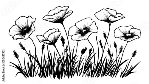 California poppy blooms in a field with grass, vector illustration art