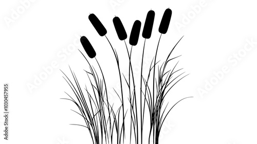 Cattail with long, slender leaves and brown, cylindrical flower spikes, vector illustration art