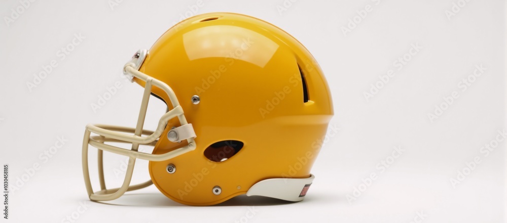 Fototapeta premium Sporty yellow American football helmet against a crisp white backdrop symbolizing team spirit and protection