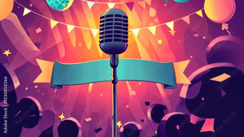 A microphone stands ready on stage, surrounded by confetti and party decorations