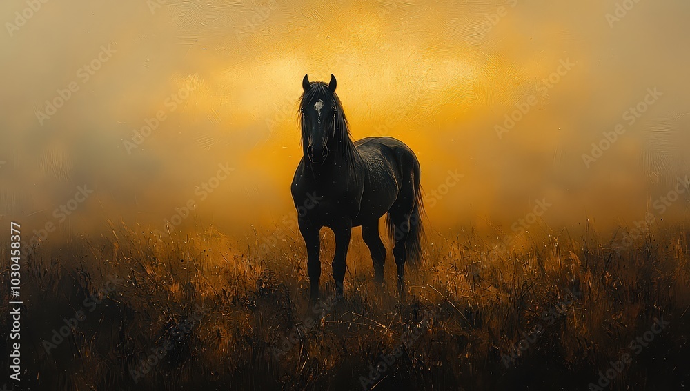 A black horse stands in the grass, bathed in the warm glow of the golden hour. A black horse stands in the grass, bathed in the warm glow of the golden hour.
