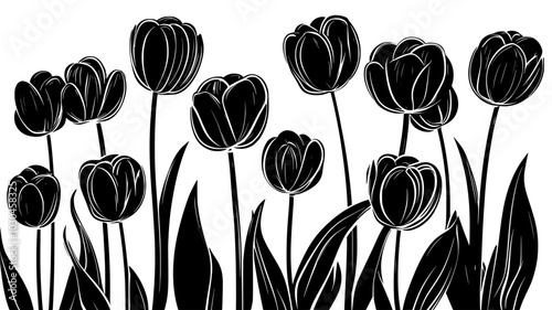 A close-up view of multiple tulips in full bloom, arranged in a garden, vector illustration art