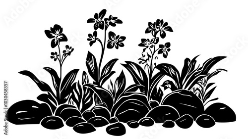 A cluster of lungwort plants flourishing in a shaded flower bed with nearby stones, vector illustration art