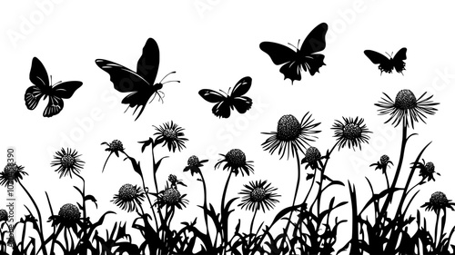 Coneflowers attracting butterflies in a meadow garden, vibrant pink and purple flowers, vector illustration art