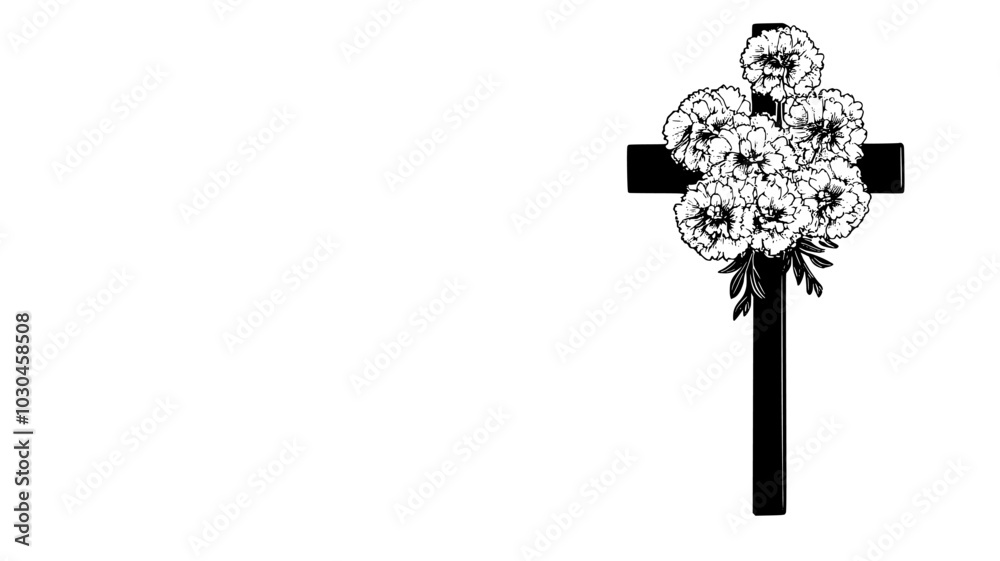 Obraz premium Cross-shaped tribute made of carnations on a church altar, vector illustration art