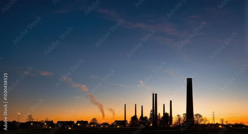 Bright sky highlighting smokestacks, creating a stark industrial scene. Bright sky highlighting smokestacks, creating a stark industrial scene.
