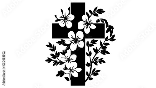 Cross-shaped floral design on stand at church entrance, vector illustration art