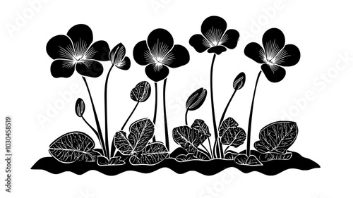 Cyclamen flowers emerging from the ground with patterned leaves, vector illustration art