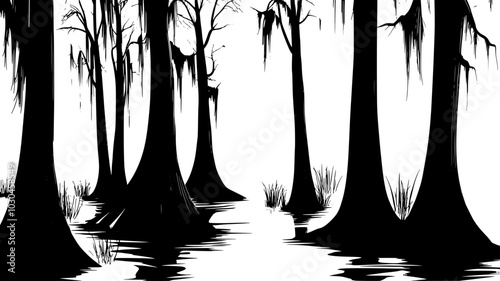 Cypress trees with knees in a swampy forest, vector illustration art