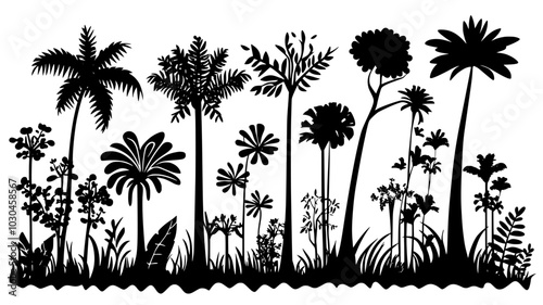 Dammar trees in a tropical forest with resin deposits, vector illustration art