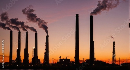 Bright sky highlighting smokestacks, creating a stark industrial scene.