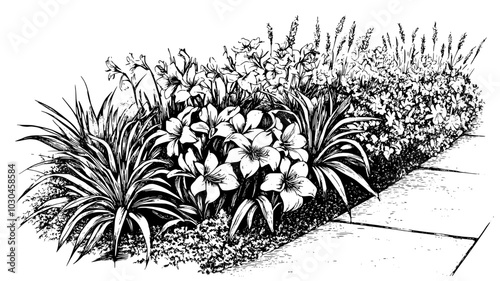 Daylilies blooming in a perennial garden along a concrete walkway, vector illustration art
