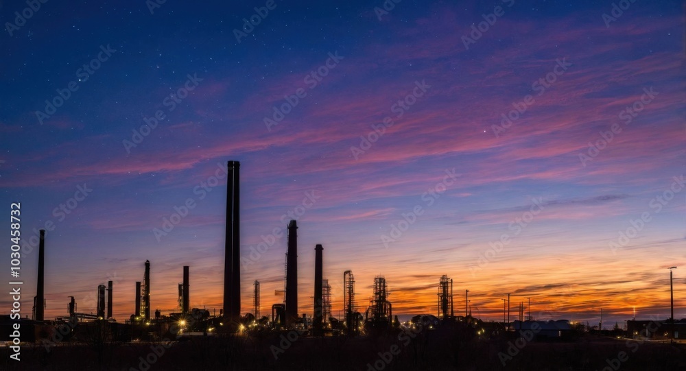 Bright sky highlighting smokestacks, creating a stark industrial scene. Bright sky highlighting smokestacks, creating a stark industrial scene.