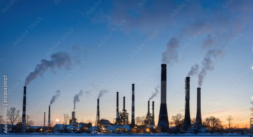 Bright sky highlighting smokestacks, creating a stark industrial scene. Bright sky highlighting smokestacks, creating a stark industrial scene.