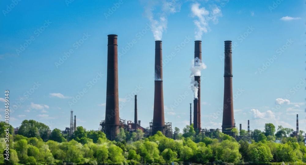 Bright sky highlighting smokestacks, creating a stark industrial scene. Bright sky highlighting smokestacks, creating a stark industrial scene.