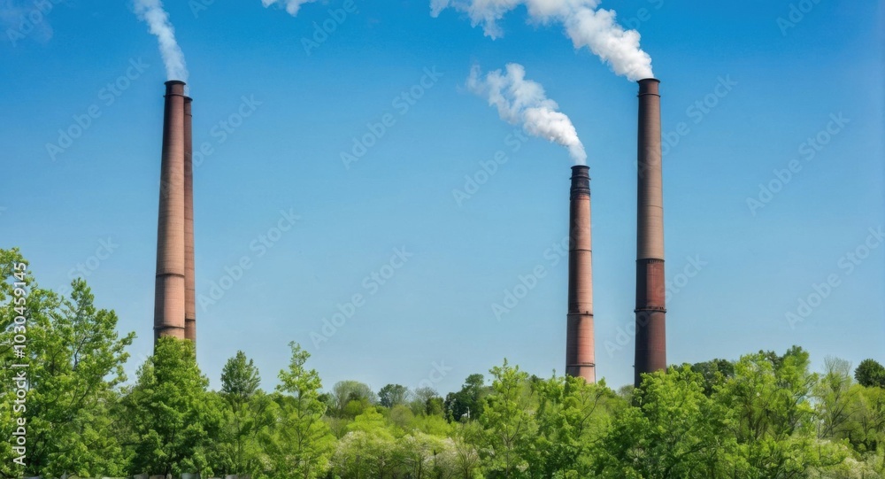 Bright sky highlighting smokestacks, creating a stark industrial scene. Bright sky highlighting smokestacks, creating a stark industrial scene.