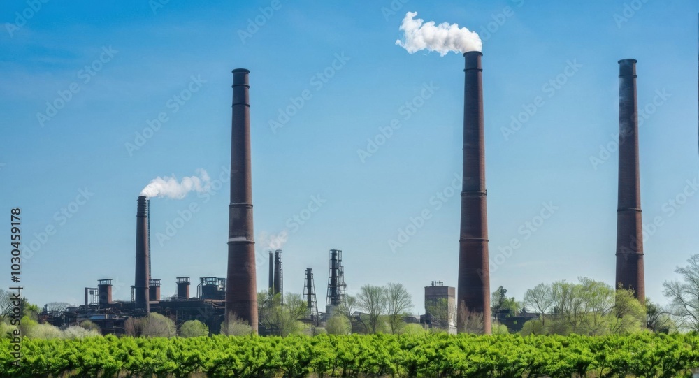 Bright sky highlighting smokestacks, creating a stark industrial scene. Bright sky highlighting smokestacks, creating a stark industrial scene.