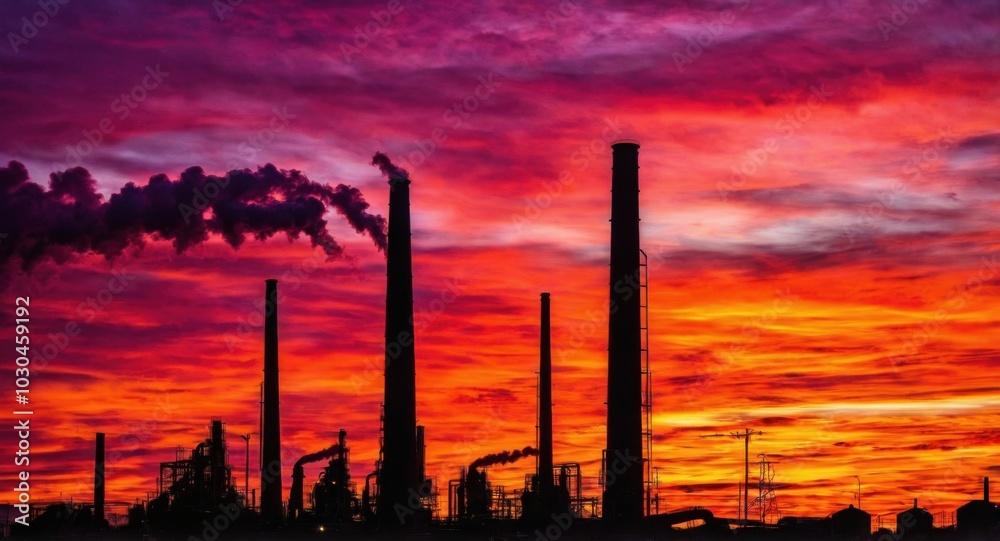 Bright sky highlighting smokestacks, creating a stark industrial scene. Bright sky highlighting smokestacks, creating a stark industrial scene.
