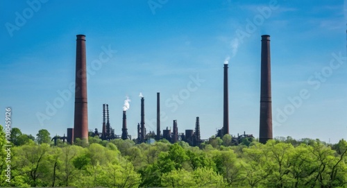 Bright sky highlighting smokestacks, creating a stark industrial scene.