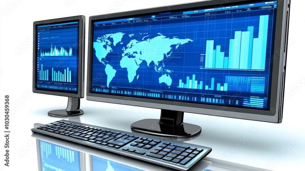 Global Business Analysis on Computer Monitors with Keyboard Global Business Analysis on Computer Monitors with Keyboard