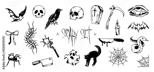 Scary hand drawn set, creepy elements, centipede, black crow, skulls, snake, bat, bloody weapon, web, candle, ghost, bow, coffin, death scythe, other scary, horror graphic elements. Vector graphic