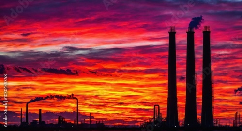 Bright sky highlighting smokestacks, creating a stark industrial scene.