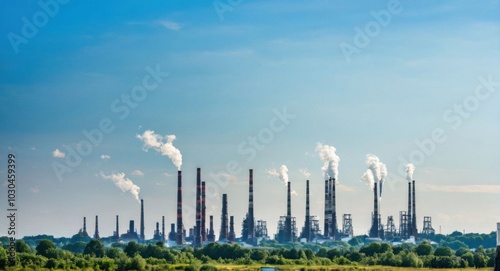 Bright sky highlighting smokestacks, creating a stark industrial scene.