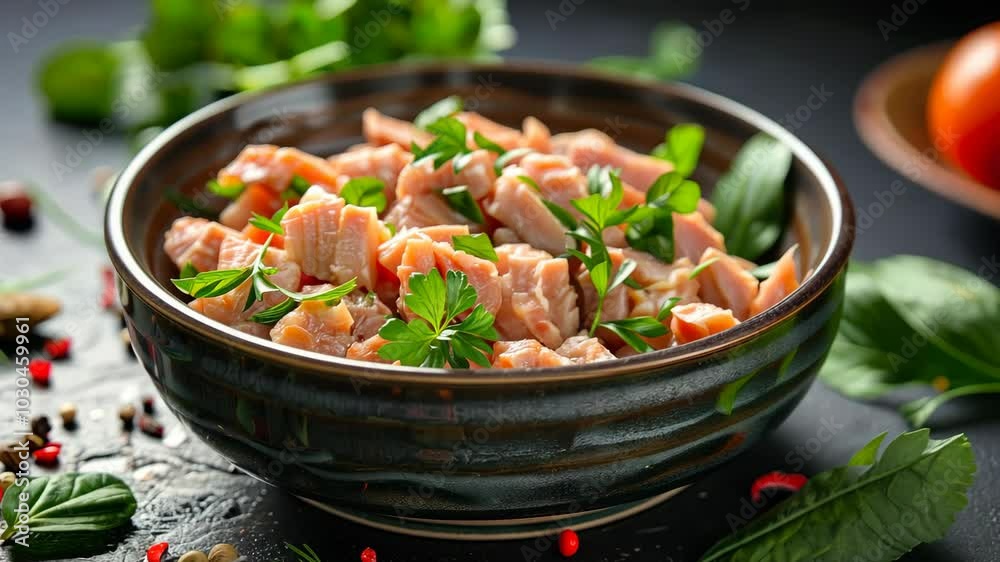 A bowl of diced salmon and parsley sits on a dark surface