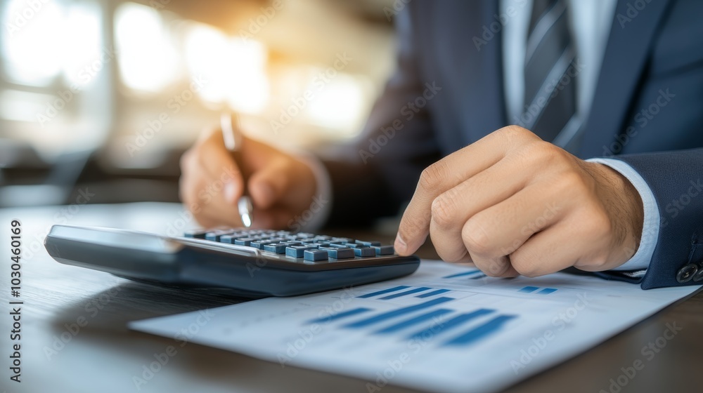 Fototapeta premium Businessman Calculating Finance With Calculator And Charts