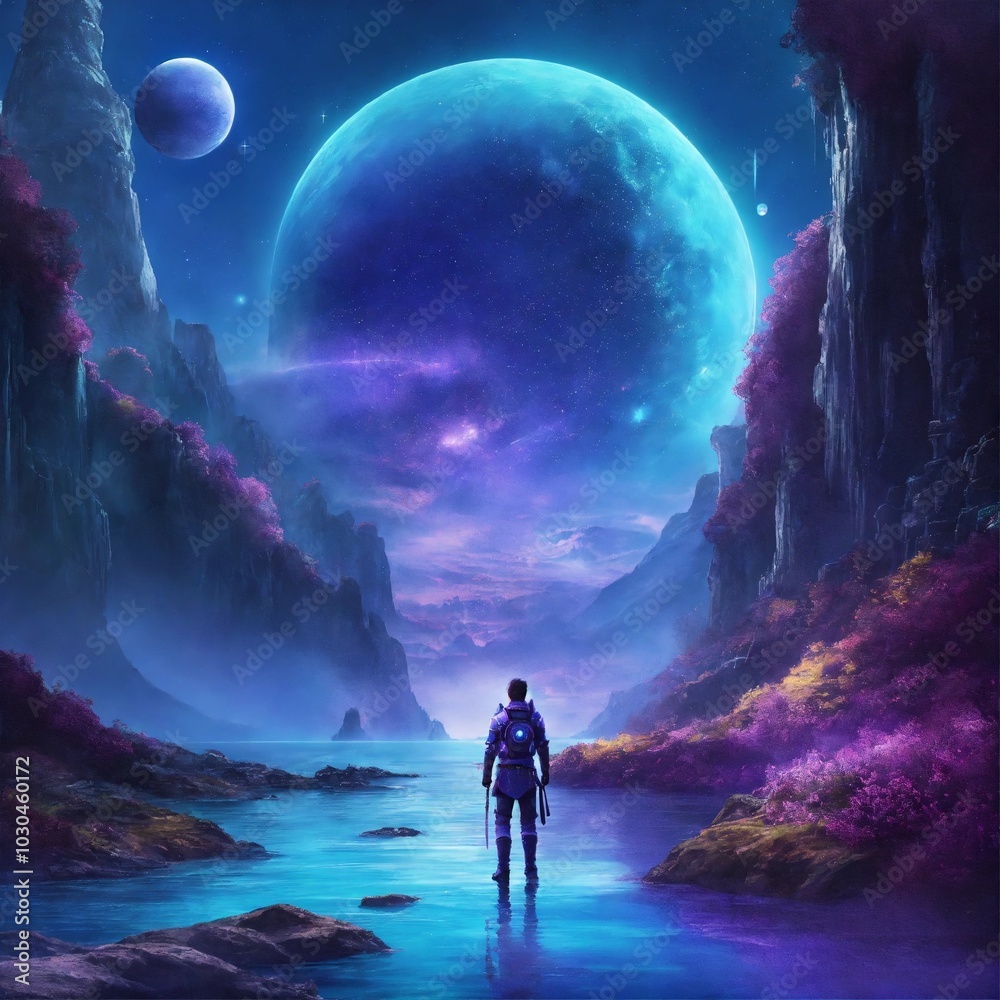 Silhouette of a person at the landscape with space atmosphere Silhouette of a person at the landscape with space atmosphere
