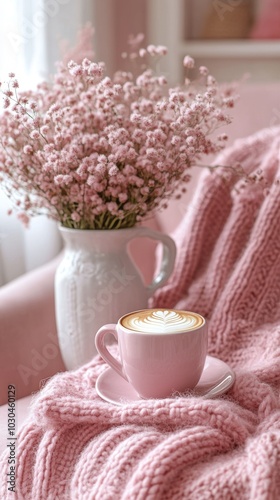 Cozy Pink Living Room with Coffee and Flowers, Perfect for Relaxation and Leisure Generative AI