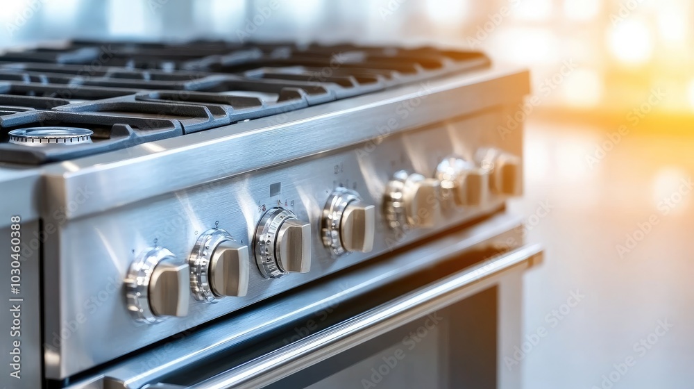 A modern stove is prominently featured, accentuating its sleek design and functionality. Morning light creates a warm atmosphere, enhancing the kitchen's aesthetic appeal A modern stove is prominently featured, accentuating its sleek design and functionality. Morning light creates a warm atmosphere, enhancing the kitchen's aesthetic appeal