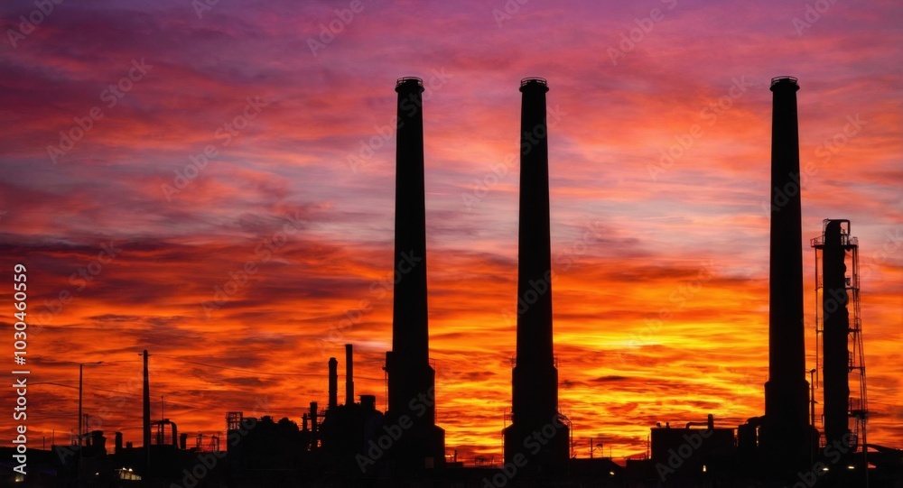 Bright sky highlighting smokestacks, creating a stark industrial scene. Bright sky highlighting smokestacks, creating a stark industrial scene.