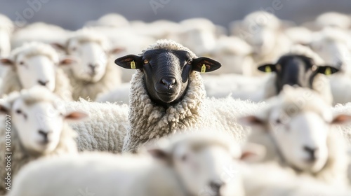 White sheep in perfect formation with one black sheep breaking the pattern, symbolizing individuality and uniqueness, black sheep contrast, focus on standing out