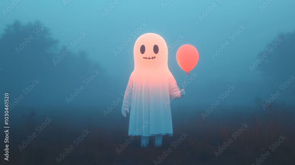 A whimsical ghost figure holding a colorful balloon in a foggy landscape. The soft glow creates an ethereal atmosphere, blending fun with a hint of spookiness.