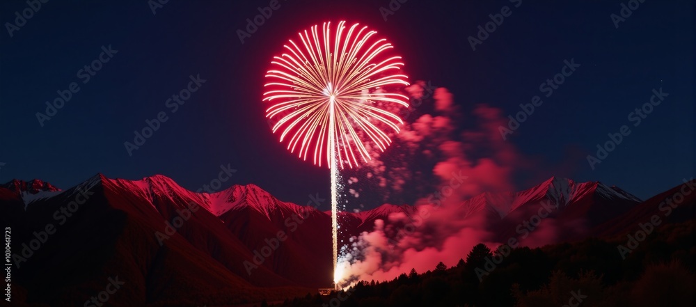 Vibrant firework display lights up mountainous landscape during a lively festival Vibrant firework display lights up mountainous landscape during a lively festival